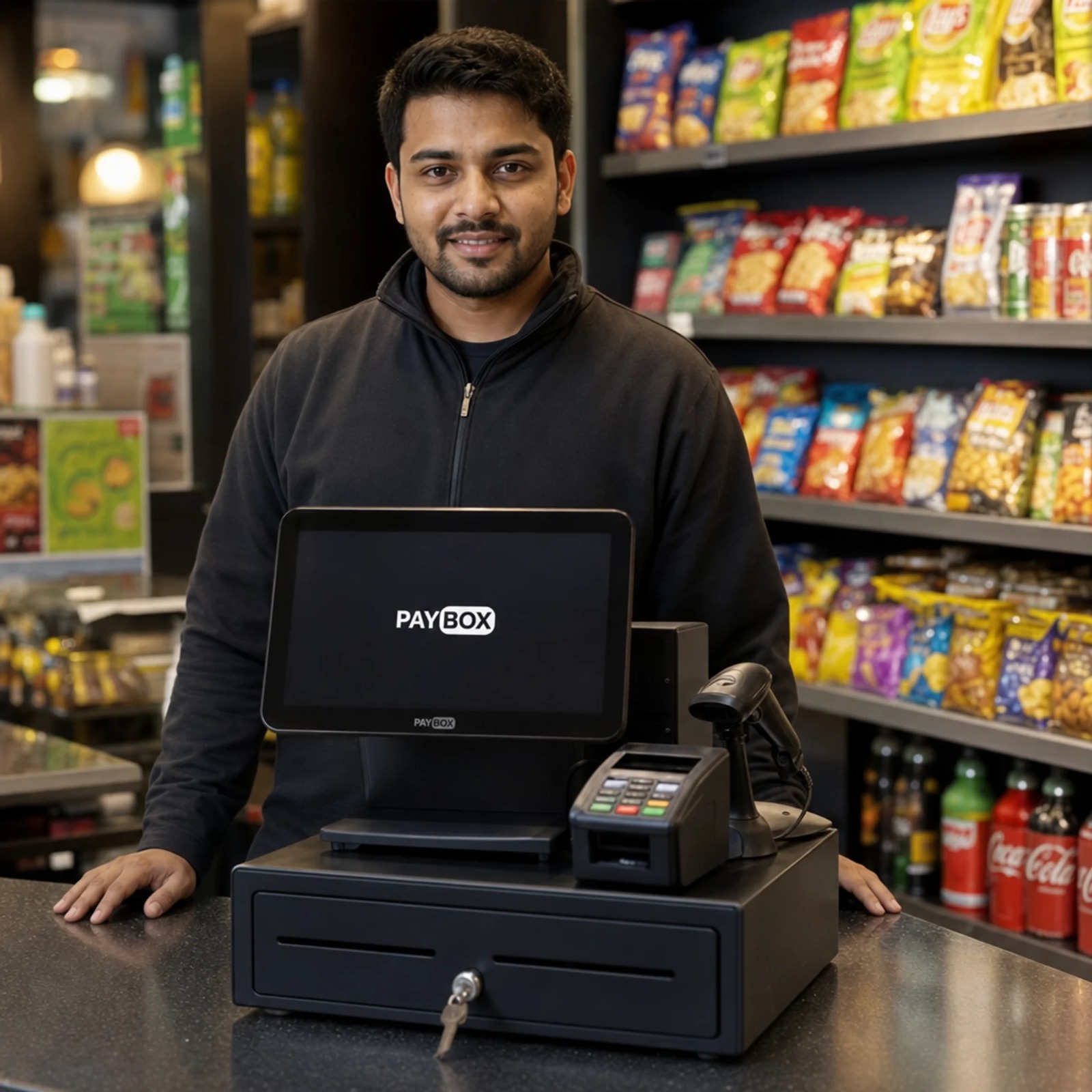 Shop owner managing prices on his phone behind the counter